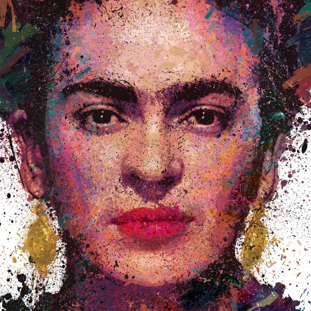 Vibrant portrait of Frida Kahlo created in a dynamic splatter style, featuring rich textures, floral tones, and bold colour contrasts with expressive facial detail.