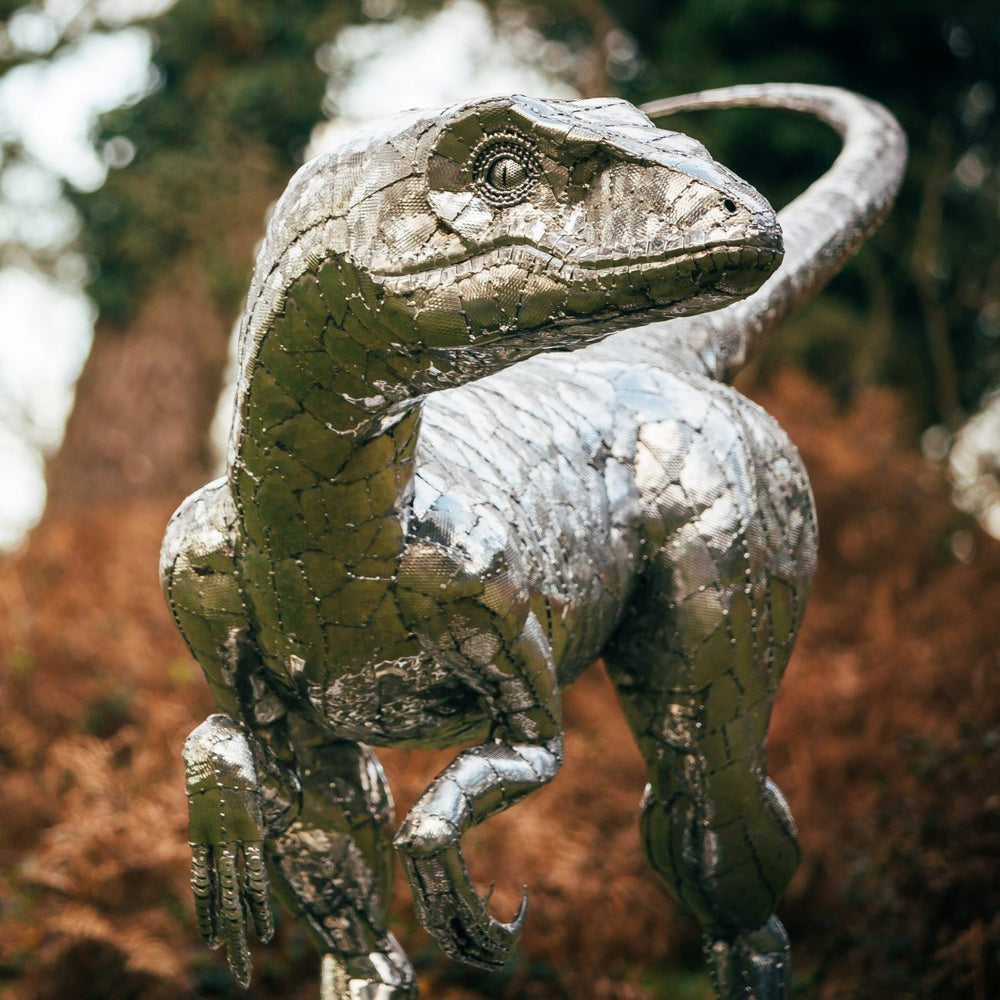 ‘Velociraptor’ by Michael Turner, a unique, one-of-one stainless steel dinosaur sculpture depicting a powerful velociraptor in an alert, dynamic pose. Handcrafted from intricately shaped and welded stainless steel, the sculpture features a polished silver finish, individually detailed metallic scales, muscular hind legs, sharp curved claws, smaller forelimbs and a long, sweeping tail. Standing on a rectangular stainless steel base, this large-scale contemporary sculpture captures the agility and predatory c