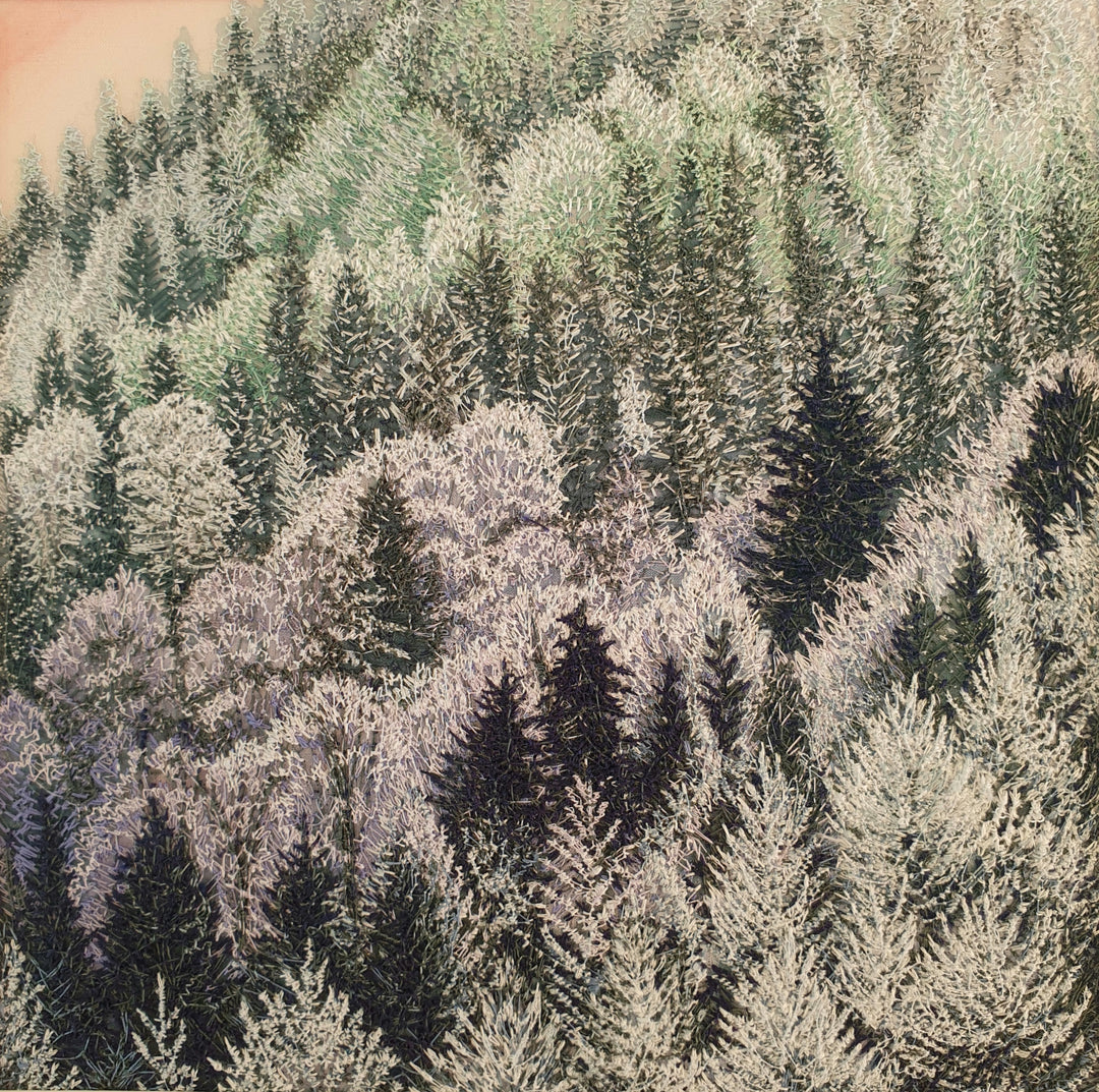 Layered embroidered forest scene with dense pine trees in muted shades of lavender, green, and deep navy thread.
