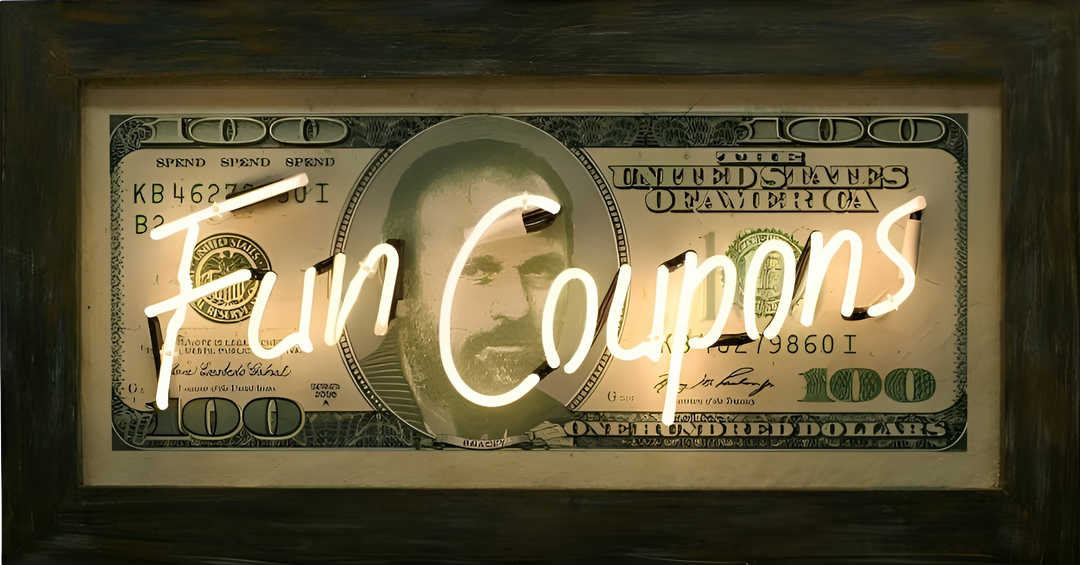 A vibrant neon artwork by Matthew Bracey featuring the words “Fun Coupons” in warm white neon tubing mounted over a customised $100 bill. The note includes a stylised portrait replacing the usual figure, framed in a distressed wooden box. The playful juxtaposition of currency and neon speaks to themes of consumerism, humour, and pop culture.