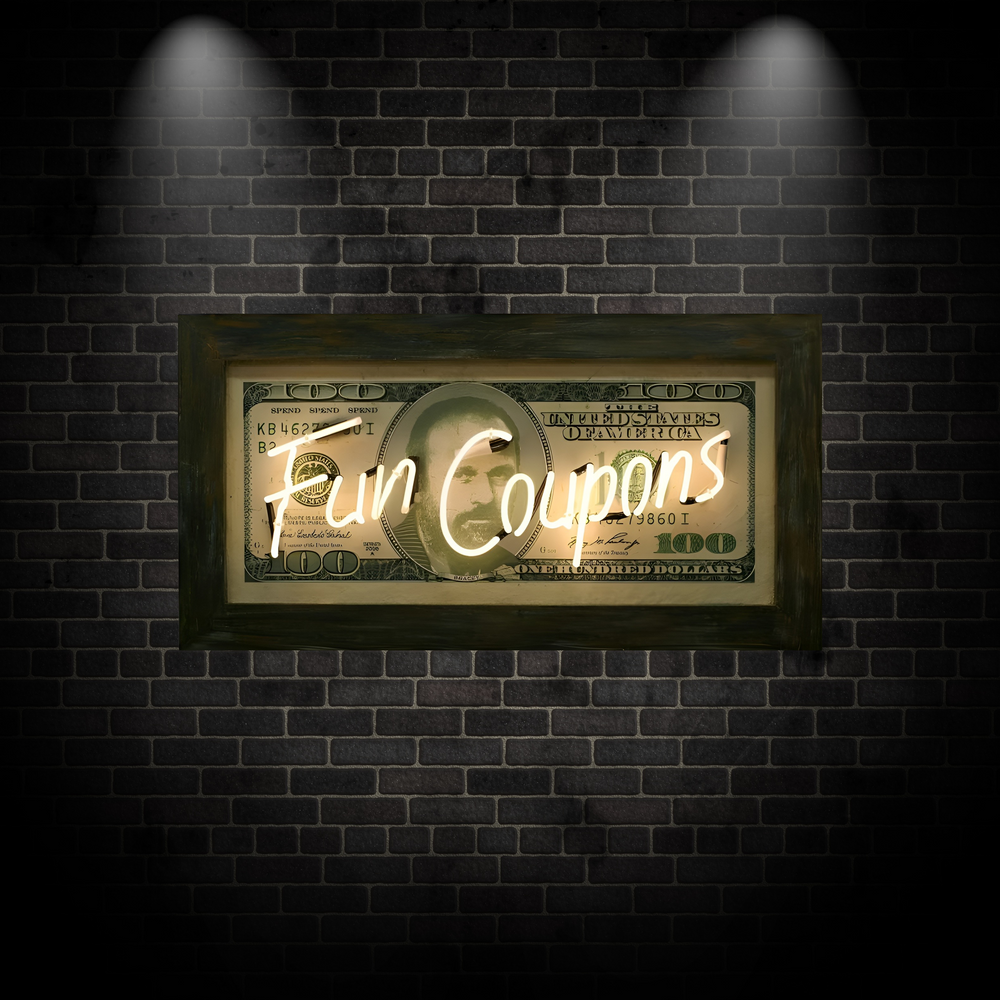 A vibrant neon artwork by Matthew Bracey featuring the words “Fun Coupons” in warm white neon tubing mounted over a customised $100 bill. The note includes a stylised portrait replacing the usual figure, framed in a distressed wooden box. The playful juxtaposition of currency and neon speaks to themes of consumerism, humour, and pop culture.