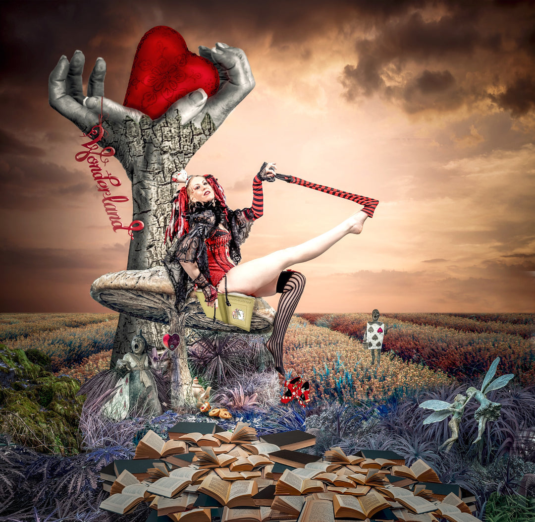 A whimsical and provocative reimagining of Alice in Wonderland, featuring a burlesque-style Alice seated on an oversized mushroom in a fantastical landscape. She wears a red corset and striped stockings, playfully holding a cane, while surreal elements surround her—giant books, mythical creatures, a heart-shaped tree, and playing card characters. The dreamlike setting blends fantasy, sensuality, and literary symbolism under a glowing, dusky sky.