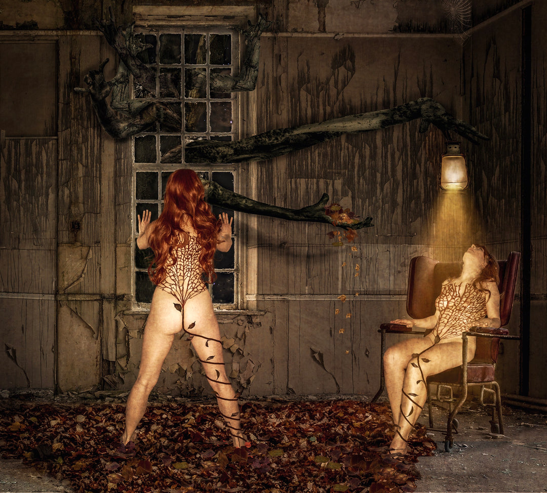 A surreal digital composition featuring two red-haired women in an abandoned, decaying asylum room. One stands barefoot in fallen leaves, facing a broken window as twisted tree limbs and shadowy figures claw through the glass. The other sits under a spotlight in a vintage chair, her body marked with branching vine-like patterns. A haunting, psychological exploration blending natural decay with mental fragility and dark fairytale undertones.
