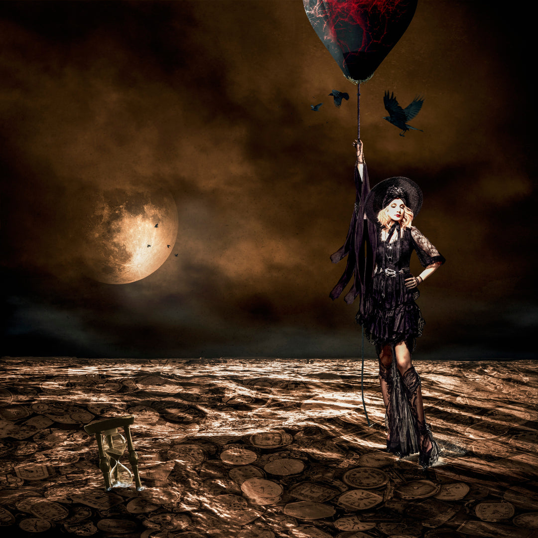 A solitary woman dressed in gothic black lace holds onto a large, heart-shaped balloon with glowing crimson veins, drifting above a surreal terrain of aged timepieces under a brooding sky. The cracked earth of clocks stretches endlessly beneath her, with an overturned hourglass nearby and a glowing full moon rising behind dark clouds. Inspired by the haunting line from Dracula, the scene evokes themes of eternal longing and time’s relentless pull.