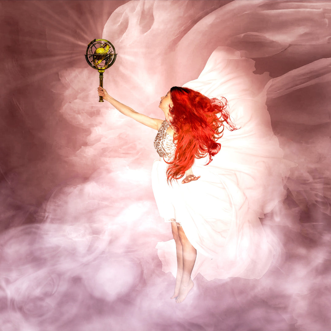 A dreamlike fantasy image of a woman with vivid red hair and a flowing white gown, suspended mid-air as she reaches upward with an ornate astrolabe-like object radiating light. Swirls of rose-pink mist surround her, evoking a sense of weightlessness, time, and celestial energy. The scene blends elegance, power, and surreal romance.
