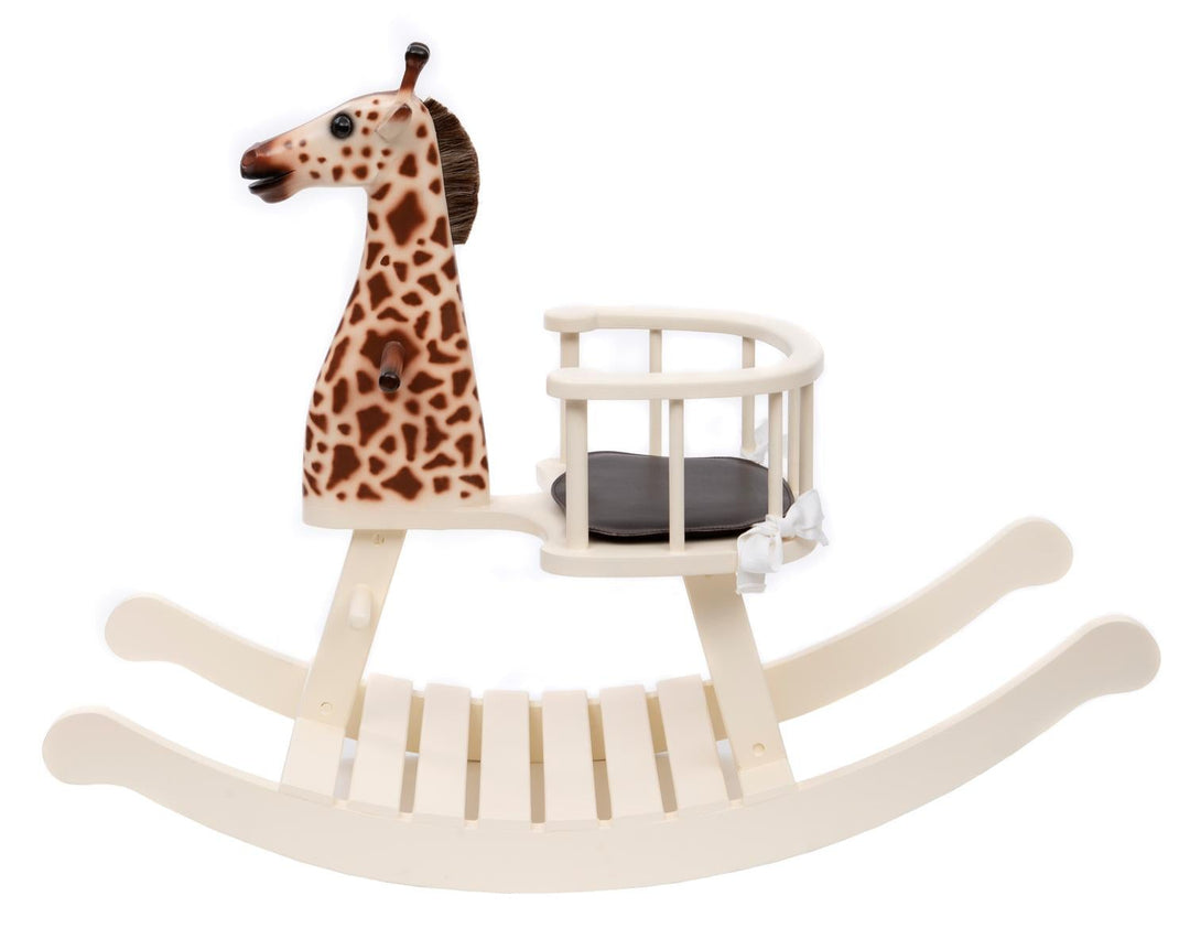 Cream-painted wooden baby rocker with giraffe head design, black seat cushion, and safety rail.

