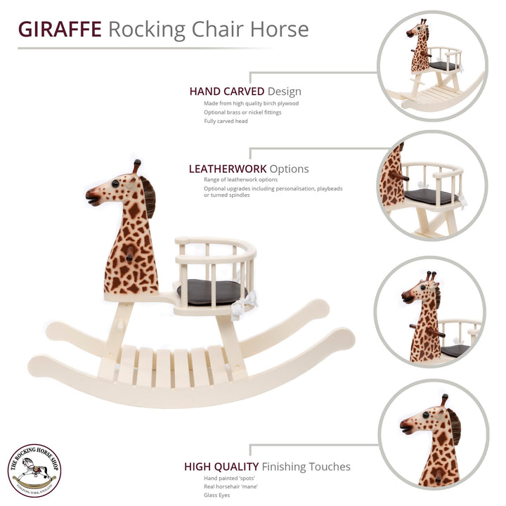 Cream-painted wooden baby rocker with giraffe head design, black seat cushion, and safety rail.