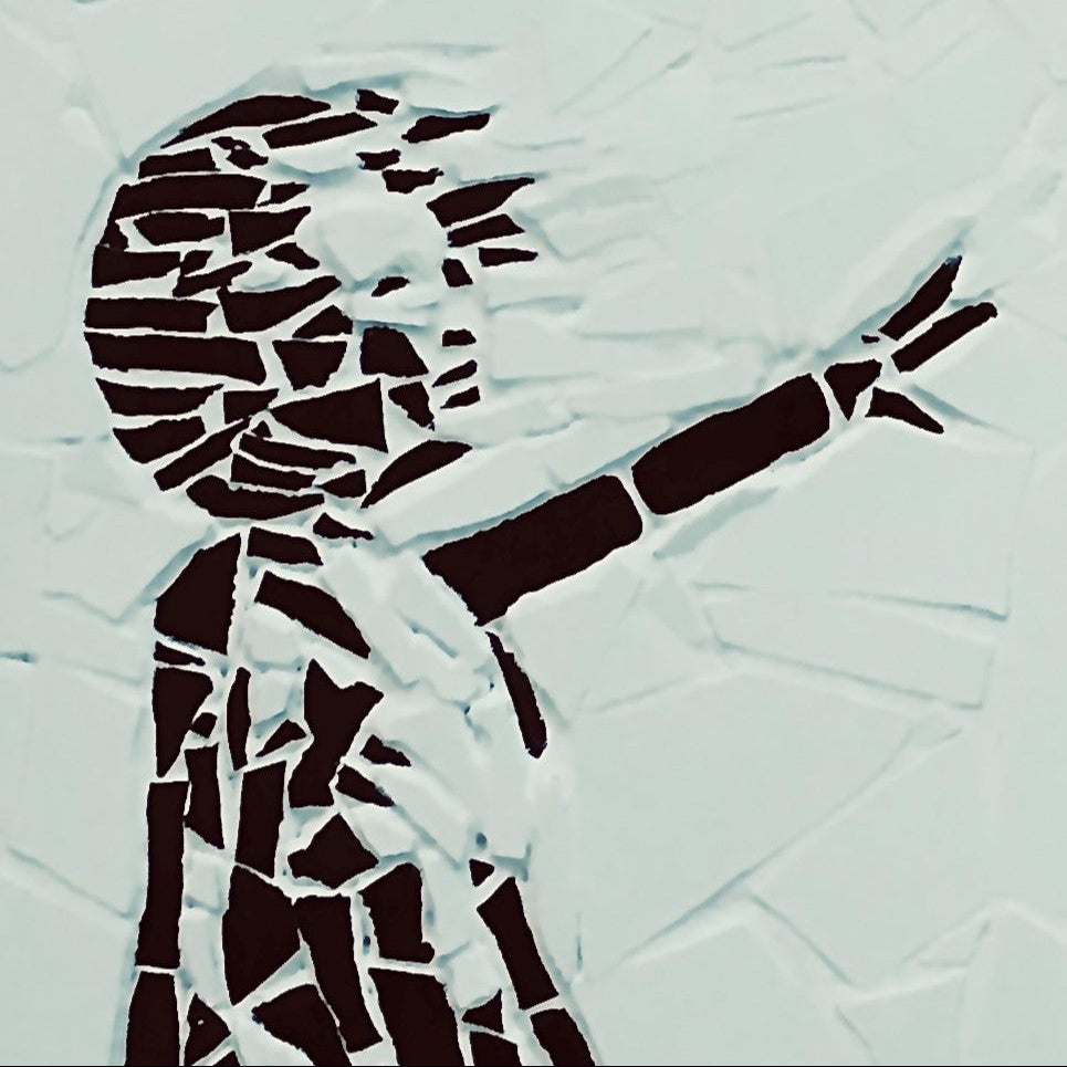 “Girl with Balloon” mosaic — a handcrafted ceramic tile artwork reimagining the iconic heart balloon image. Featuring black and white tiles with a vivid red heart, this bespoke commission blends street art symbolism with fine mosaic craftsmanship.