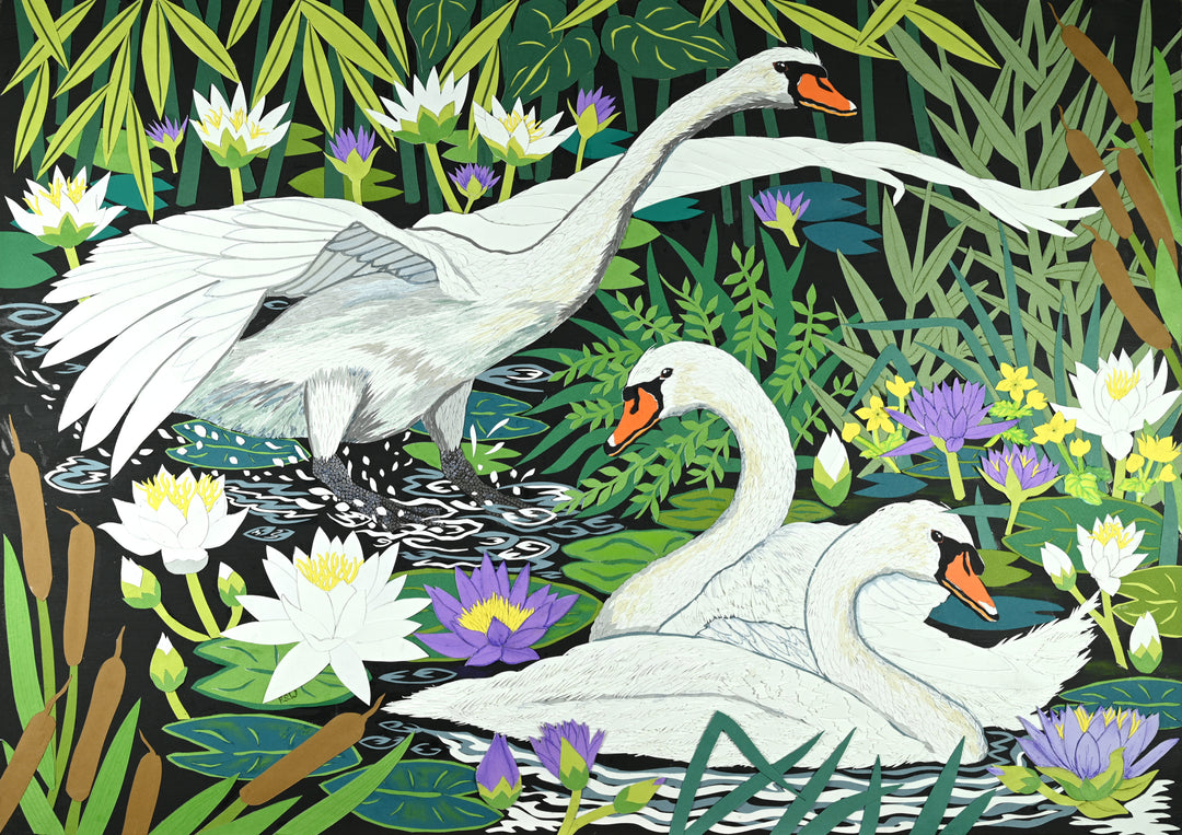 Cut-paper artwork depicting three elegant white swans gliding through a lush wetland filled with layered green reeds, white waterlilies, purple lotus blooms and cattails, with rippling black water adding movement beneath them.