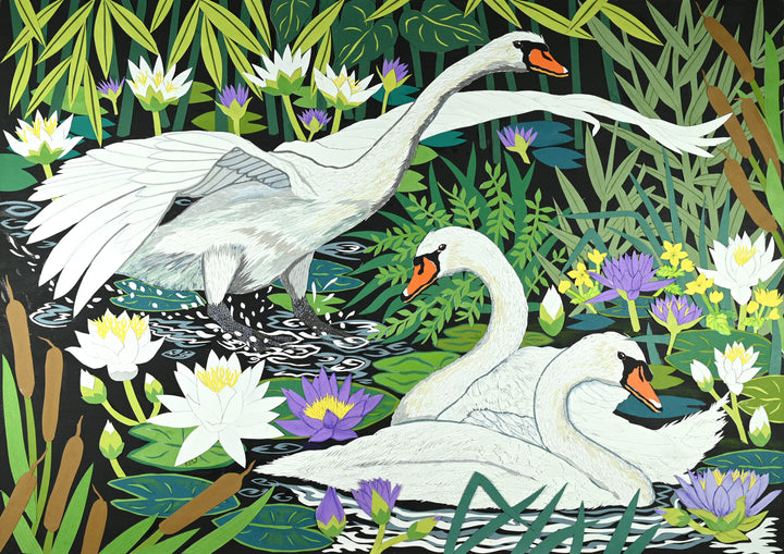 Cut-paper artwork depicting three elegant white swans gliding through a lush wetland filled with layered green reeds, white waterlilies, purple lotus blooms and cattails, with rippling black water adding movement beneath them.