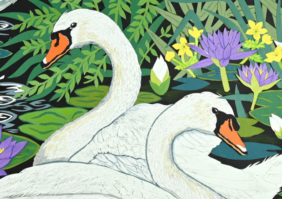 Cut-paper artwork depicting three elegant white swans gliding through a lush wetland filled with layered green reeds, white waterlilies, purple lotus blooms and cattails, with rippling black water adding movement beneath them.