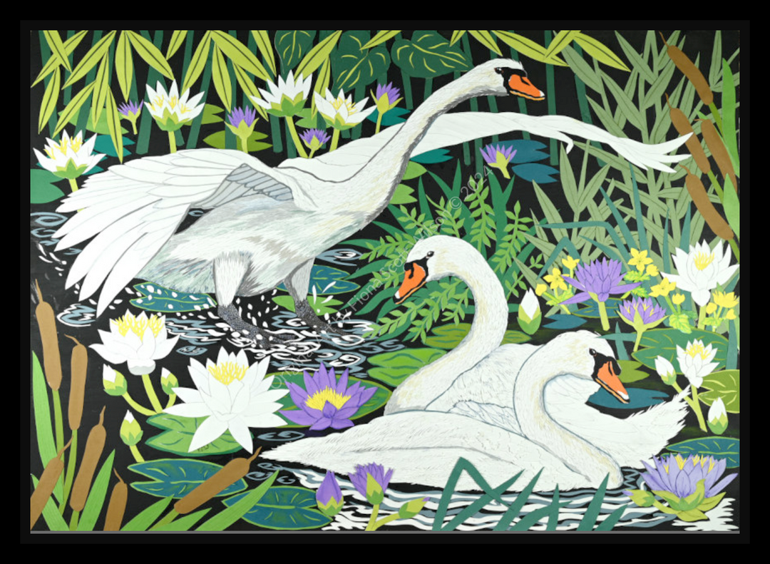 Cut-paper artwork depicting three elegant white swans gliding through a lush wetland filled with layered green reeds, white waterlilies, purple lotus blooms and cattails, with rippling black water adding movement beneath them.