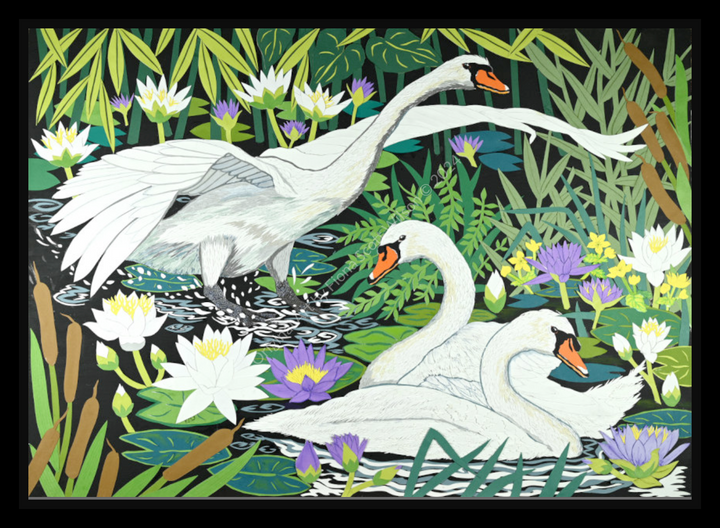 Cut-paper artwork depicting three elegant white swans gliding through a lush wetland filled with layered green reeds, white waterlilies, purple lotus blooms and cattails, with rippling black water adding movement beneath them.