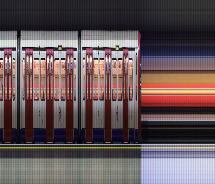 A high-speed reconstructed video print capturing the movement of London Underground trains at Gloucester Road Station. Strips of colour blur horizontally, representing the pulse of the city as it emerges from the COVID-19 pandemic—blending abstraction, motion, and structure into a visual rhythm of urban life.