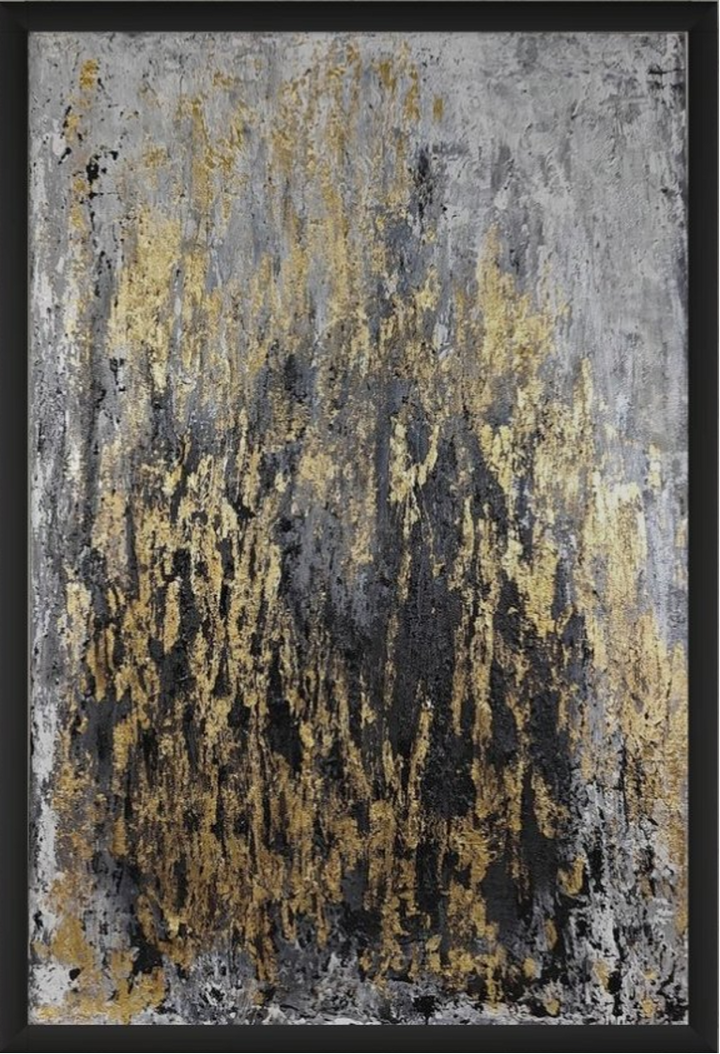 Textured abstract painting with vertical strokes in gold, black, and grey tones on a rough, layered surface

