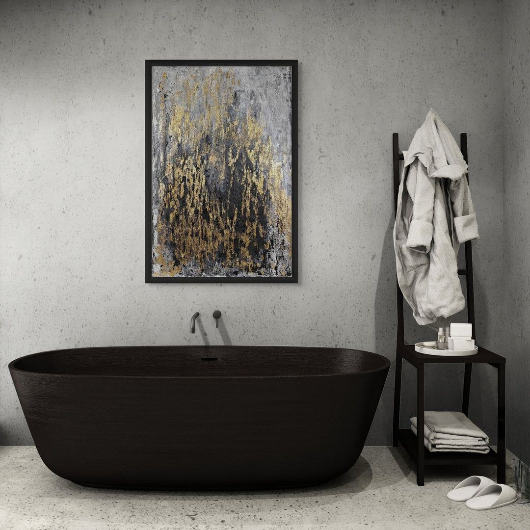 Textured abstract painting with vertical strokes in gold, black, and grey tones on a rough, layered surface
