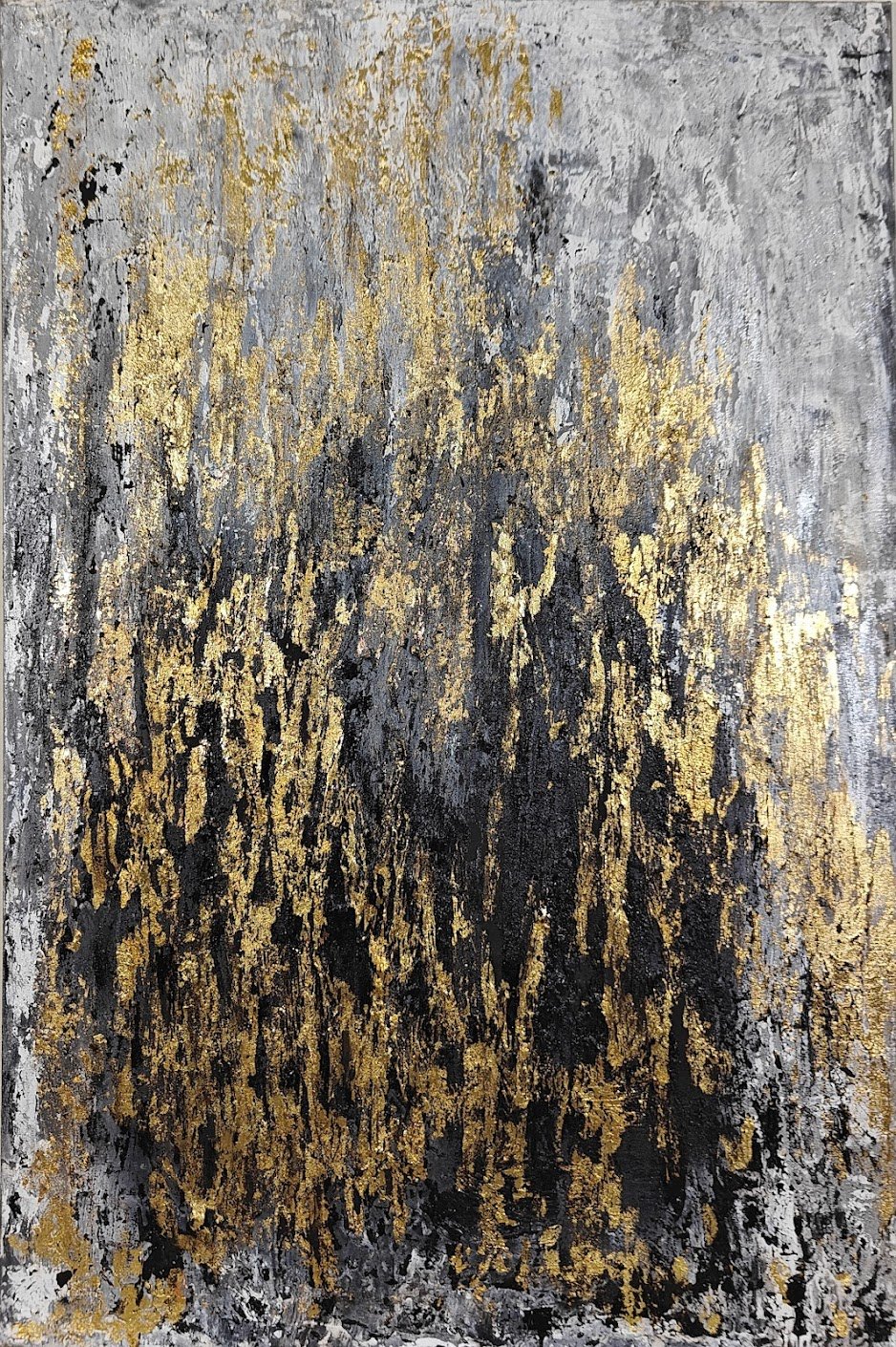 Textured abstract painting with vertical strokes in gold, black, and grey tones on a rough, layered surface