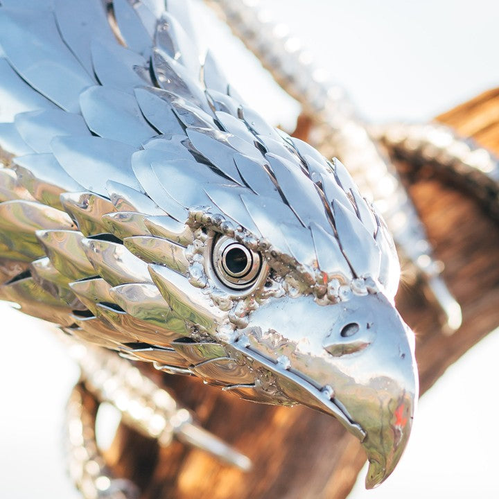 ‘Golden Eagle’ by Michael Turner, a unique, one-of-one stainless steel wildlife sculpture depicting a magnificent golden eagle soaring with its powerful wings fully extended. Handcrafted from polished stainless steel, the sculpture features individually shaped metallic feathers, intricately detailed plumage, a sharply curved beak and striking eyes. Finished in reflective silver with subtle gold tones from the surrounding light, the eagle is mounted on a tall, weathered tree trunk rising from a square metal 