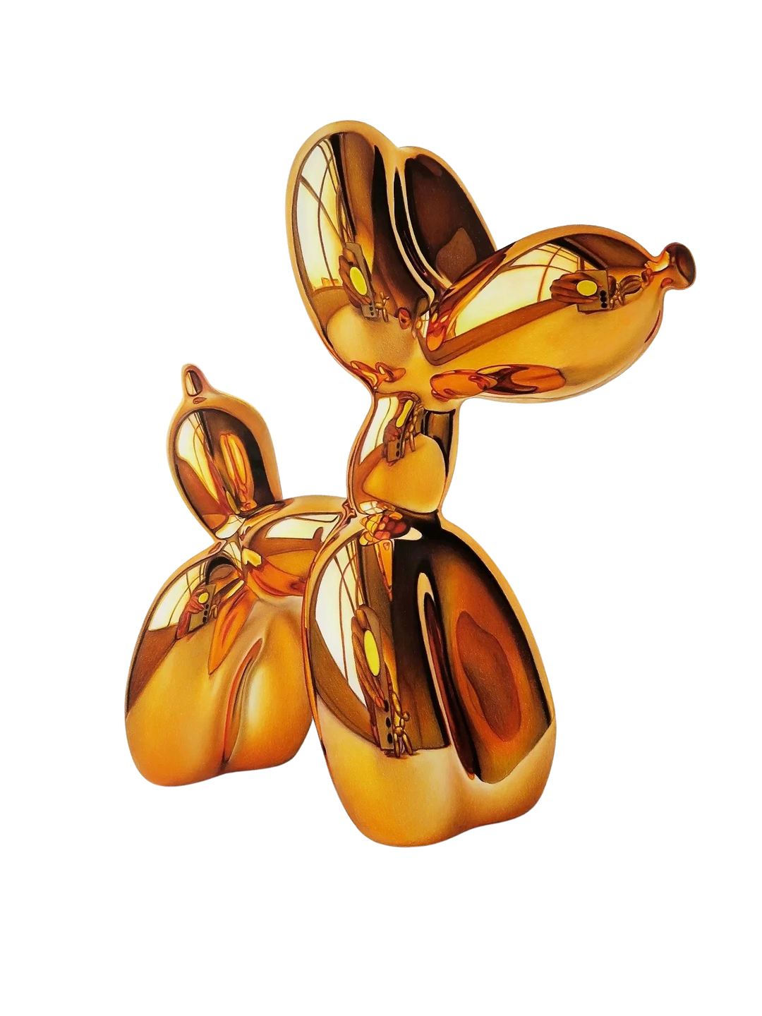 Coloured pencil artwork depicting a golden balloon dog sculpture, drawn with hyperrealistic precision to capture the polished metallic surface, rich reflections, and illusion of three-dimensional form.