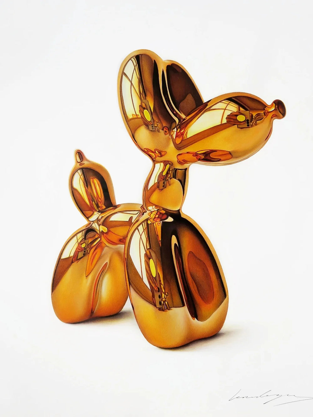 Coloured pencil artwork depicting a golden balloon dog sculpture, drawn with hyperrealistic precision to capture the polished metallic surface, rich reflections, and illusion of three-dimensional form.