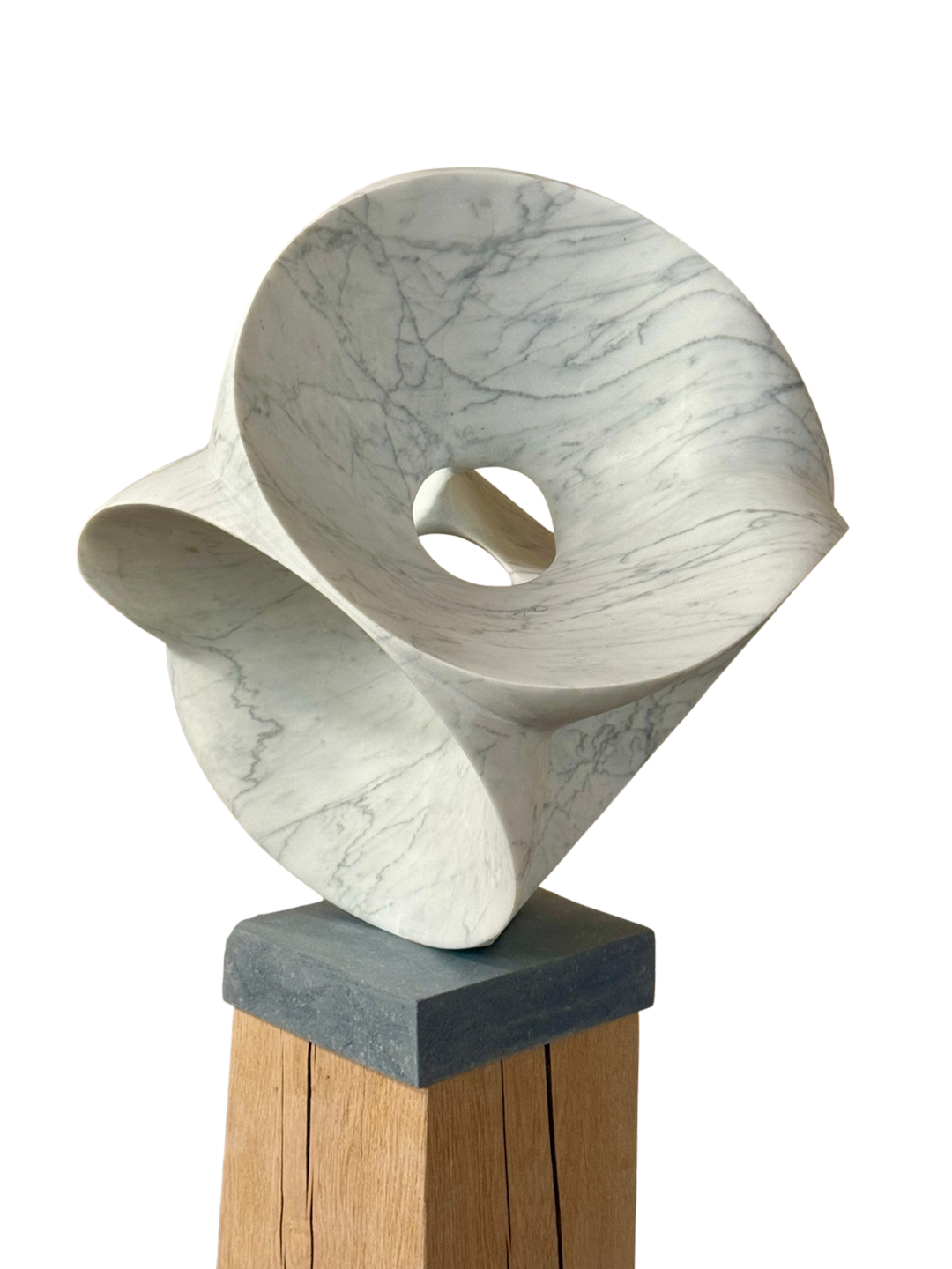Abstract marble sculpture Good Vibrations V – 2025 by Hamish Holman, carved from Carrara marble with flowing organic curves and a central opening, featuring delicate grey veining on a smooth white surface, mounted on a stone and oak plinth.