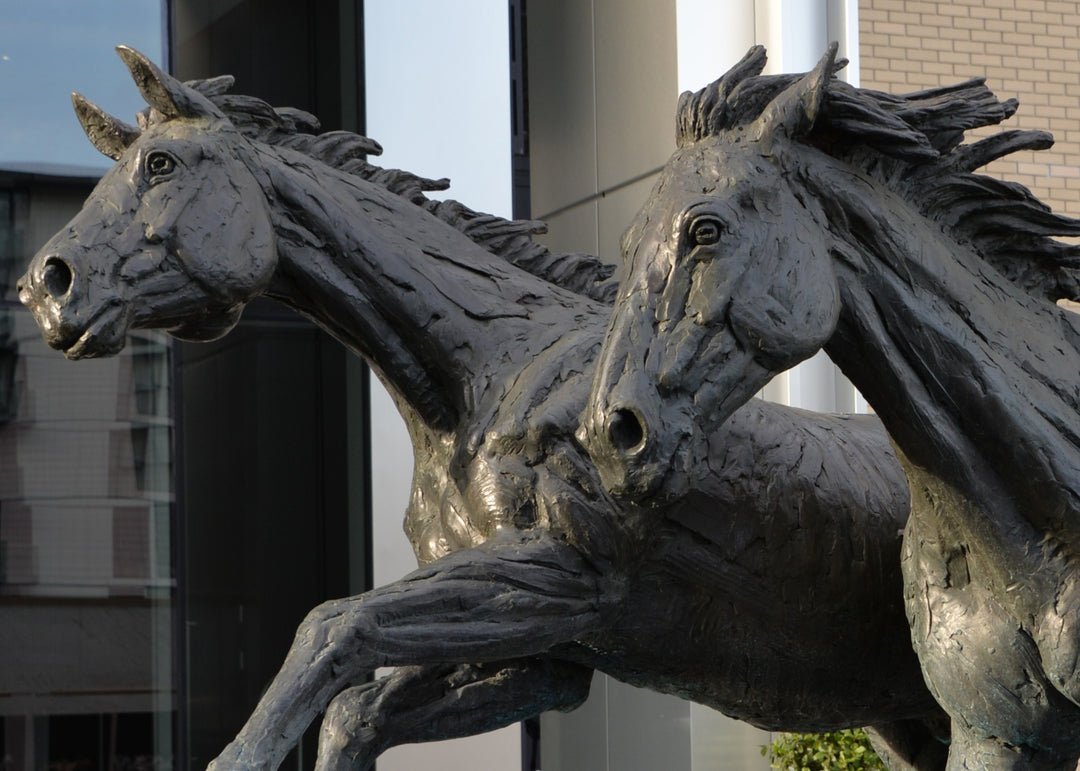 ‘Goodman's Horses Running Together’ by Hamish Mackie, a monumental limited-edition bronze sculpture depicting two powerful horses, a thoroughbred and a shire-cross, galloping together through water. Originally commissioned for Goodman's Fields in London, the dynamic public artwork captures muscular movement, flowing manes and the energy of horses in motion, finished in dark patinated bronze.