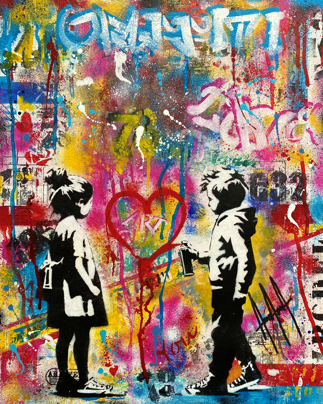 “Graffiti by Andolini Art – mixed media painting on wood depicting two stencil children, one holding a spray can, standing beside a red heart outline, layered with graffiti tags, splattered paint and urban textures in bright colours red, blue, yellow, pink, black and white.”