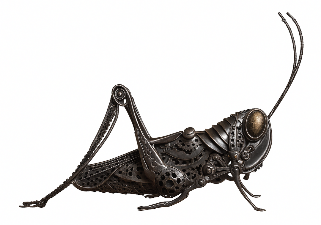 Mechanical grasshopper sculpture crafted from reclaimed metal and gears, displayed on a rustic workbench.