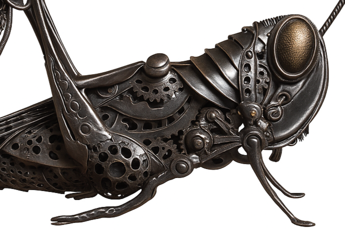 Mechanical grasshopper sculpture crafted from reclaimed metal and gears, displayed on a rustic workbench.