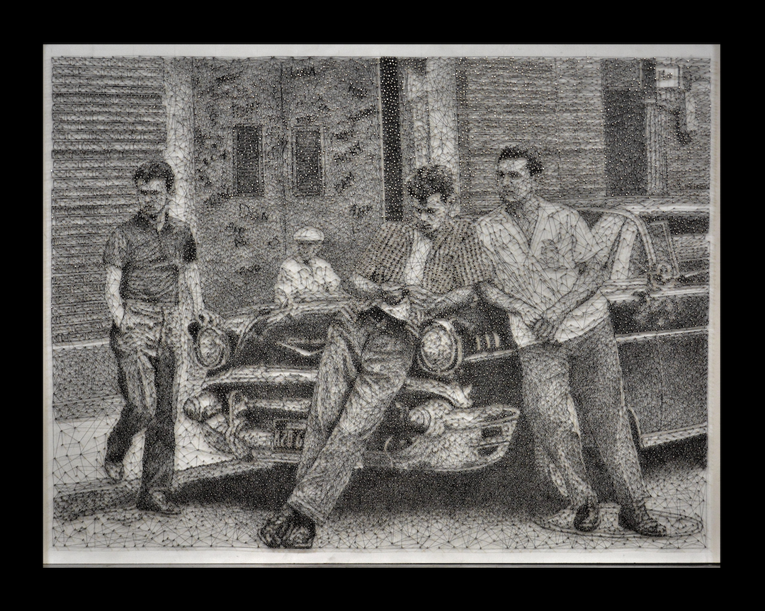 Monochrome nail and string artwork depicting a 1950s street scene with four young men in vintage attire leaning on a classic American car.
