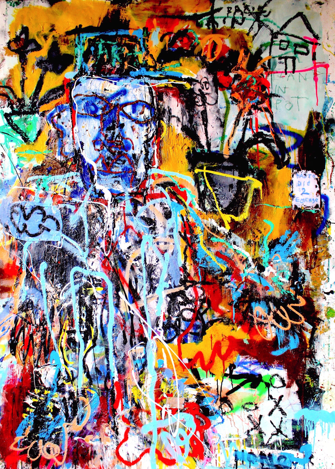 Bold, chaotic abstract painting by James Green with a fragmented blue human form emerging amid explosive layers of yellow, red, black, and turquoise graffiti-like marks on raw canvas, expressing transformation and raw emotion.