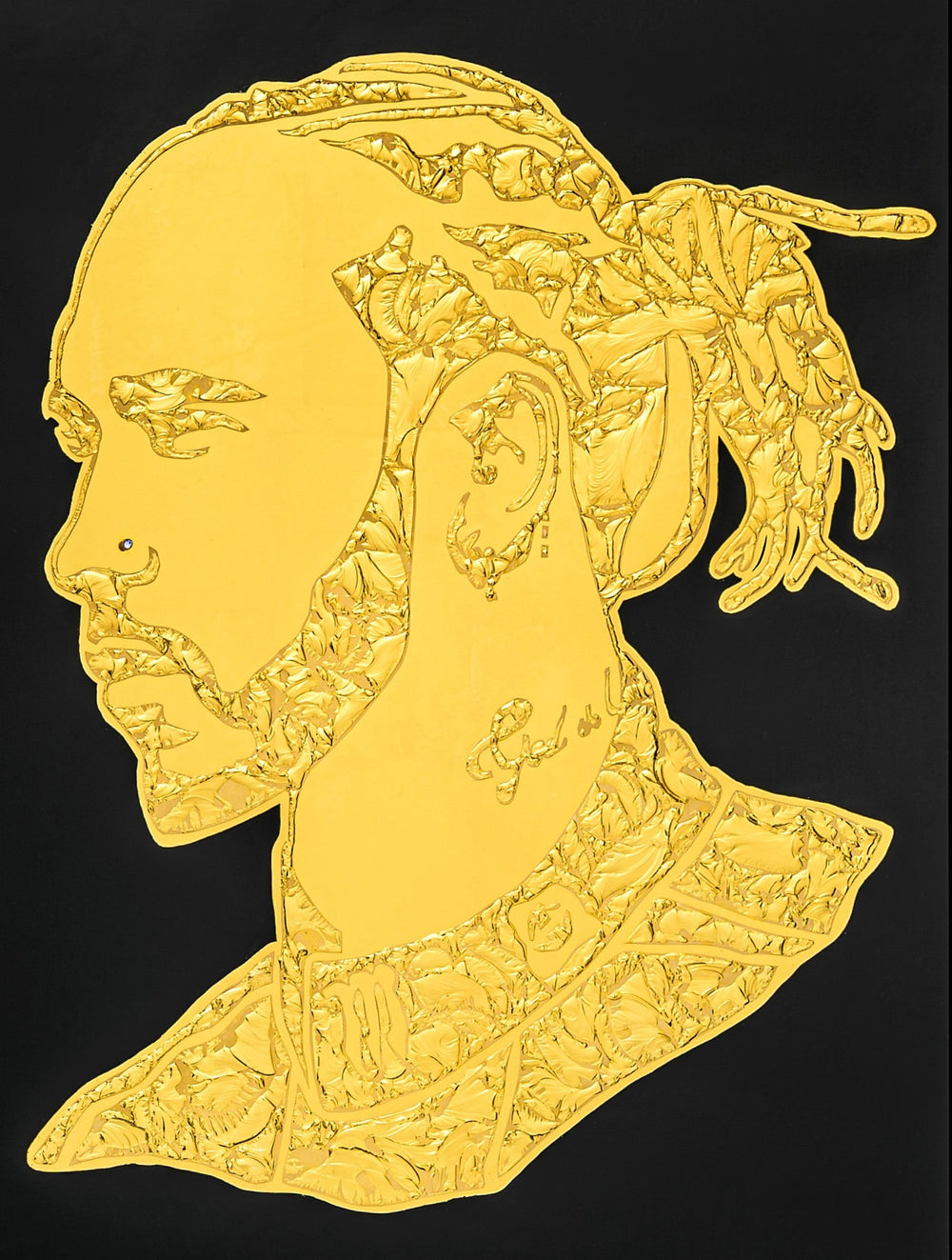 Vince Edmunds Sir Lewis Hamilton portrait in 24ct gold leaf on reverse glass, featuring textured glue-chipped detail and seven championship stars on a black background