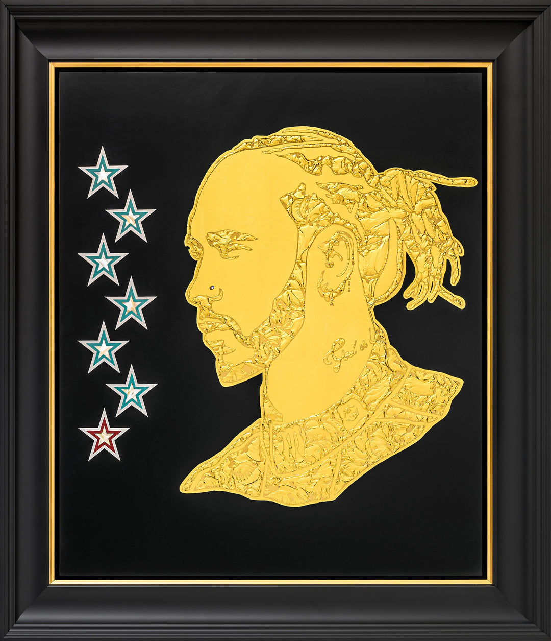 Vince Edmunds Sir Lewis Hamilton portrait in 24ct gold leaf on reverse glass, featuring textured glue-chipped detail and seven championship stars on a black background