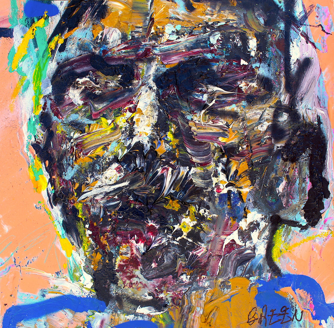 Expressive abstract portrait with thick, textured paint strokes forming a distorted human face in bold shades of navy, ochre, crimson, white, and black, framed by vibrant blue, peach, and green accents.