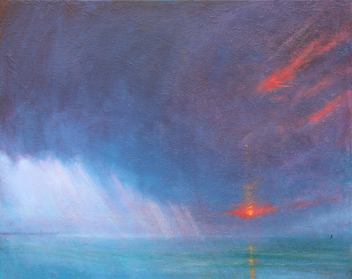 Derek Hare oil painting seascape of a glowing harbour sunset with dramatic sky, radiant light breaking through clouds and reflections across calm water.