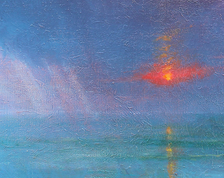 Derek Hare oil painting seascape of a glowing harbour sunset with dramatic sky, radiant light breaking through clouds and reflections across calm water.