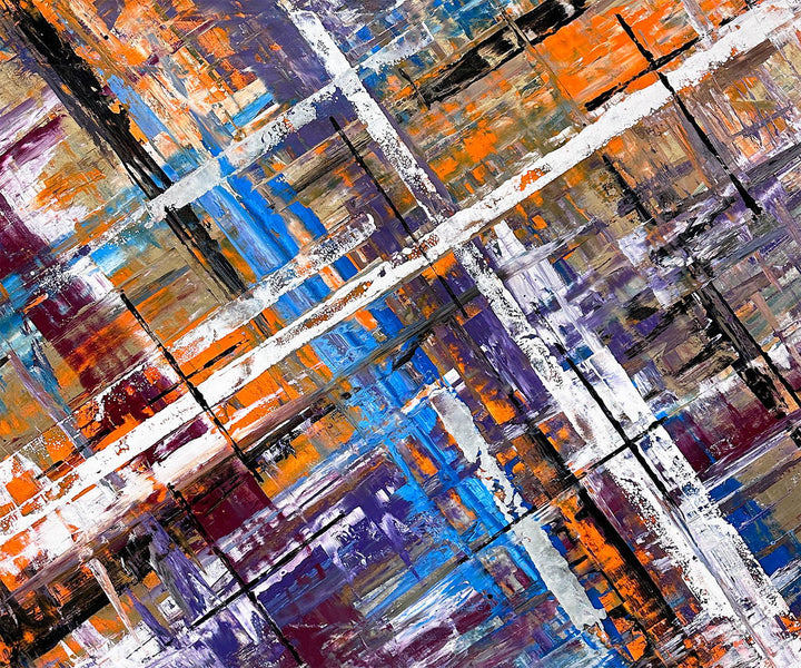 Large abstract painting “Harmonia” by Swarez — layered intersecting lines and blocks in vivid cobalt blue, burnt orange, gold, white and black, with deep royal purple and burgundy undertones. Strong white cross overlay creates depth and structure across a richly textured enamel surface.