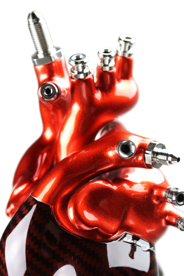 A vivid heart sculpture by Alastair Gibson, crafted from red-tinted 2x2 twill carbon fibre and finished with 3D-printed ABS atriums. Featuring titanium fuel and hydraulic fittings from Grand Prix cars, it fuses organic form with motorsport engineering. Finished in deep racing red with a UV-resistant gloss, it’s desk-mounted on a polished granite base with a stainless steel hydraulic support—blending precision with striking visual impact.