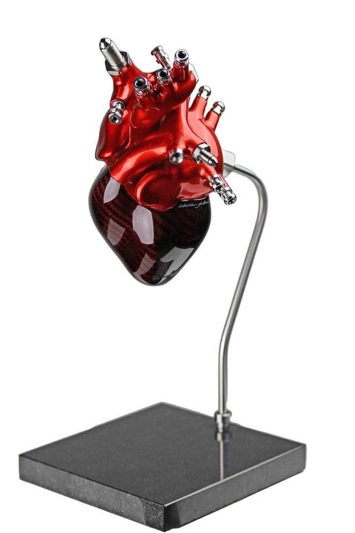 A vivid heart sculpture by Alastair Gibson, crafted from red-tinted 2x2 twill carbon fibre and finished with 3D-printed ABS atriums. Featuring titanium fuel and hydraulic fittings from Grand Prix cars, it fuses organic form with motorsport engineering. Finished in deep racing red with a UV-resistant gloss, it’s desk-mounted on a polished granite base with a stainless steel hydraulic support—blending precision with striking visual impact.
