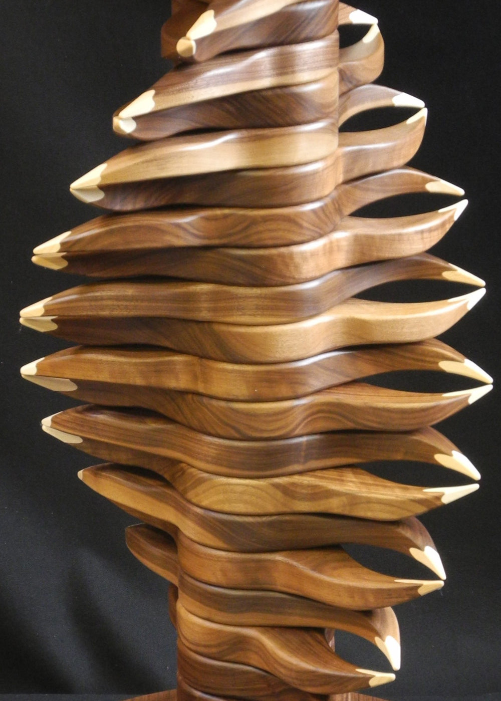 Sculptural helix table handcrafted in black walnut and maple, its spiralling layers twisting upward in a rhythmic, organic flow with pointed pale maple accents creating striking contrast against the dark walnut grain.