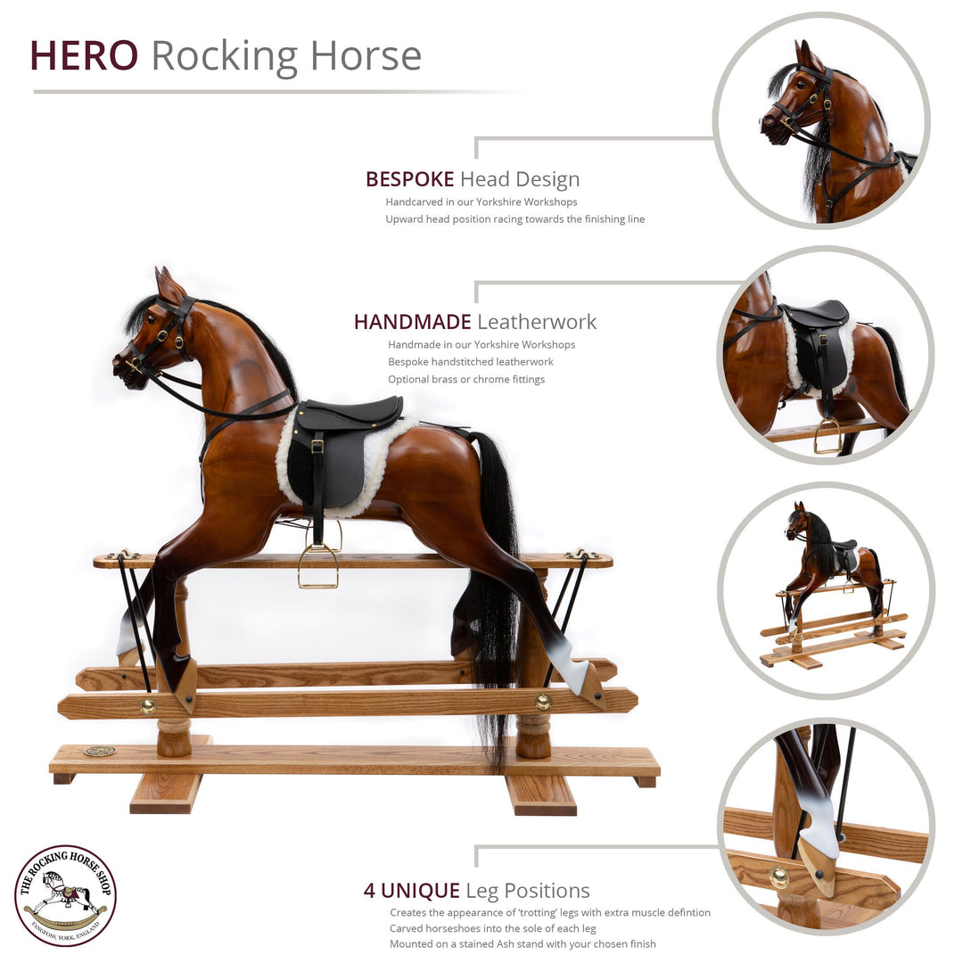 Glossy dark wood rocking horse with flowing black mane, black saddle, and white sheepskin numnah on a traditional oak safety stand.

