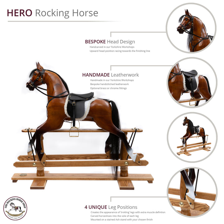 Glossy dark wood rocking horse with flowing black mane, black saddle, and white sheepskin numnah on a traditional oak safety stand.

