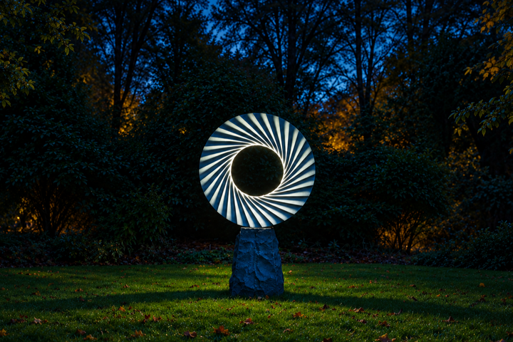 ‘Catherine Wheel VIII’ by Nicolas Moreton MRSS, a unique contemporary abstract stone sculpture carved from Ancaster Weatherbed Limestone, featuring a large circular form with a central opening surrounded by precisely carved, twisting radial ridges that create a spiralling pattern. The pale grey and cream limestone contrasts with the rough, dark charcoal stone pedestal. Integrated LED lighting illuminates the inner edges of the spiral with bright white light, creating alternating bands of light and shadow. P