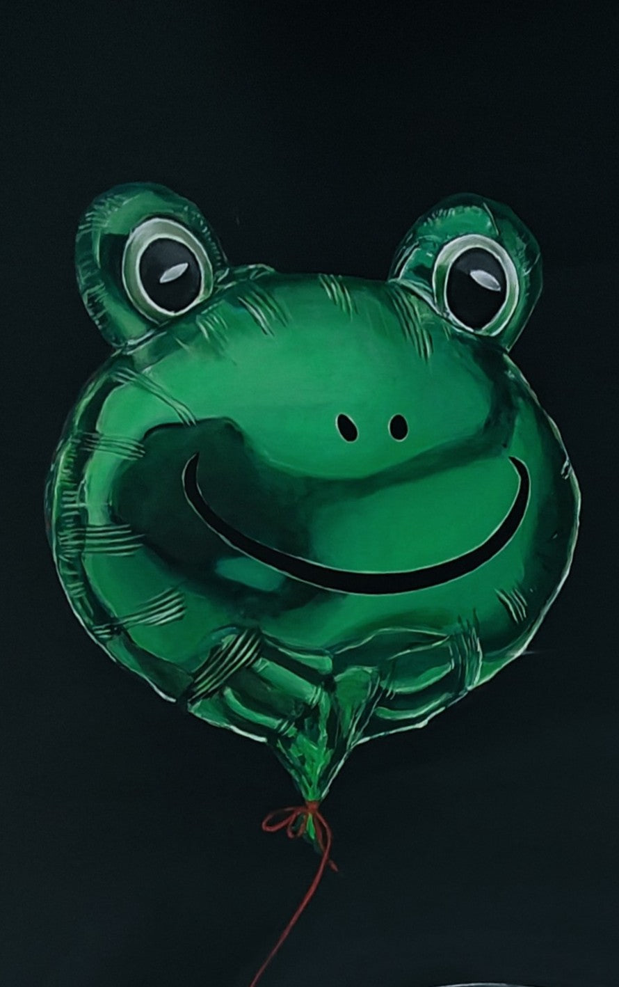 Hyper-realistic painting of a classic British racing green Aston Martin DB3S front-on against a deep black background, with a shiny metallic green frog-shaped balloon floating above the car, its red string tied to the vehicle — a playful contrast of automotive heritage and childlike whimsy.
