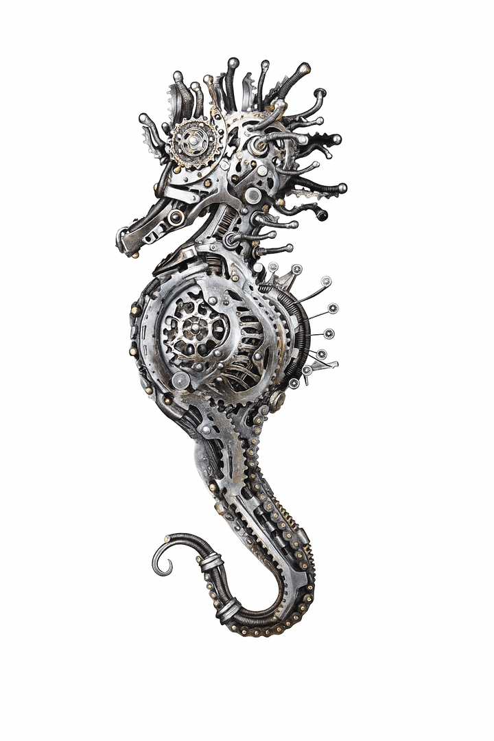 Steampunk-inspired seahorse sculpture made from reclaimed metal, gears, and intricate mechanical components.