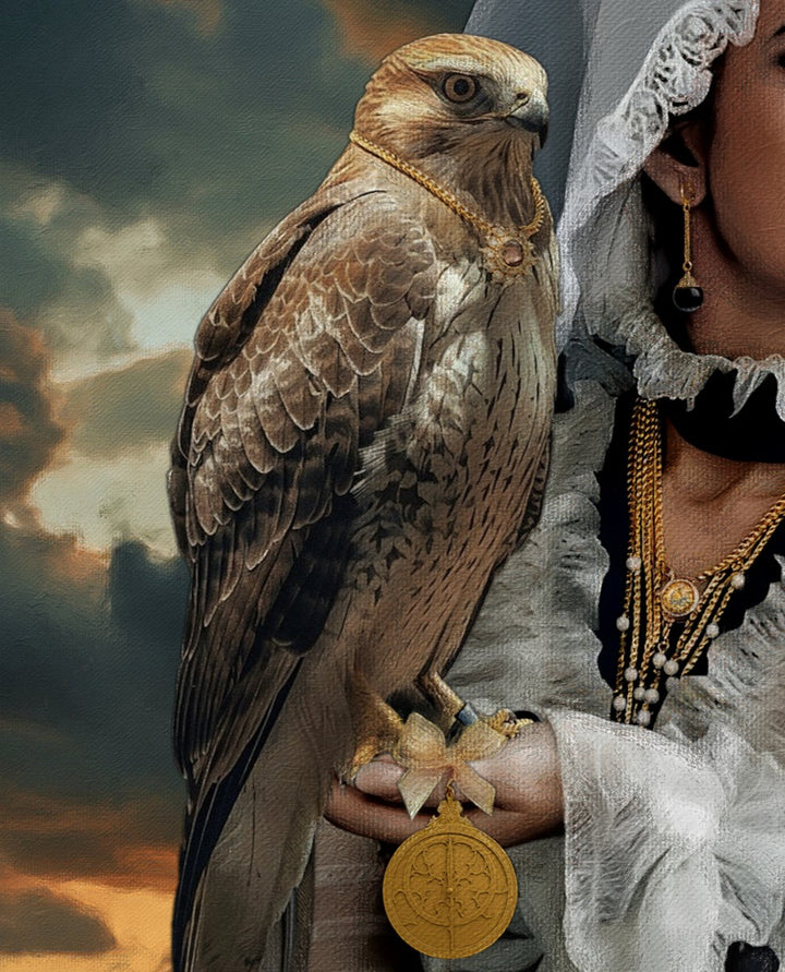 Horizon Keeper by Catarina Diaz, an original fine art collage and oil on canvas in an antique frame, depicting a veiled female figure holding a falcon against stormy seas and a sailing vessel, merging Rococo elegance with maritime strength.