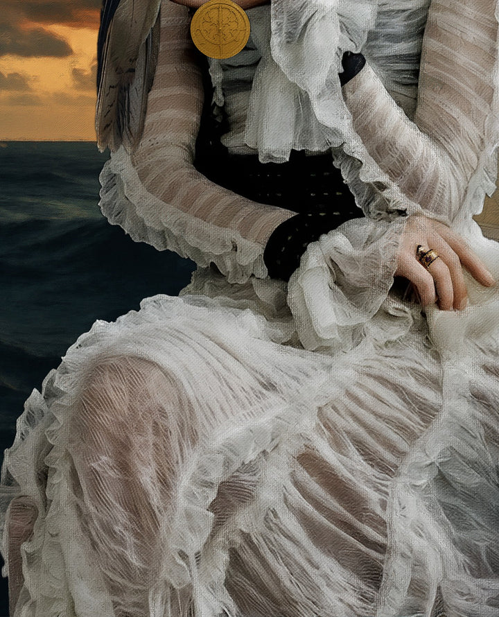Horizon Keeper by Catarina Diaz, an original fine art collage and oil on canvas in an antique frame, depicting a veiled female figure holding a falcon against stormy seas and a sailing vessel, merging Rococo elegance with maritime strength.