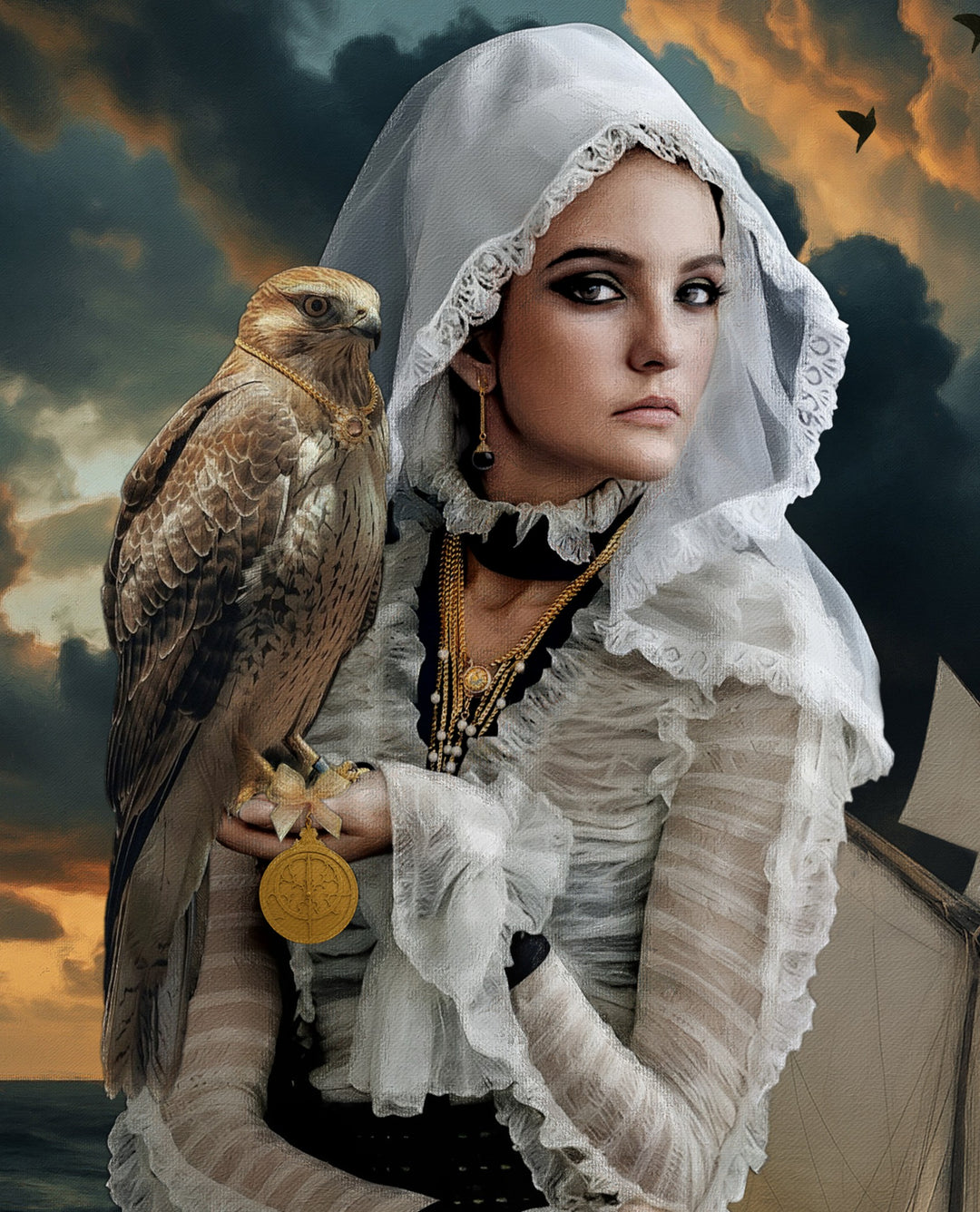 Horizon Keeper by Catarina Diaz, an original fine art collage and oil on canvas in an antique frame, depicting a veiled female figure holding a falcon against stormy seas and a sailing vessel, merging Rococo elegance with maritime strength.