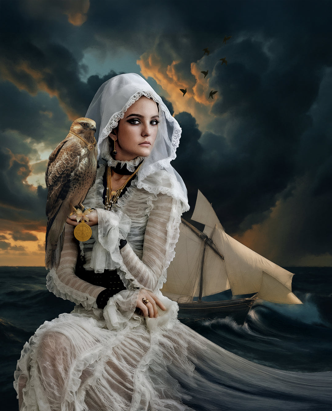 Horizon Keeper by Catarina Diaz, an original fine art collage and oil on canvas in an antique frame, depicting a veiled female figure holding a falcon against stormy seas and a sailing vessel, merging Rococo elegance with maritime strength.
