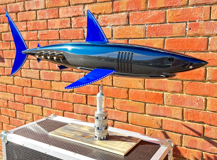 Alastair Gibson CarbonArt45 carbon fibre mako shark sculpture with aluminium fins and Formula One components, aerodynamic contemporary design